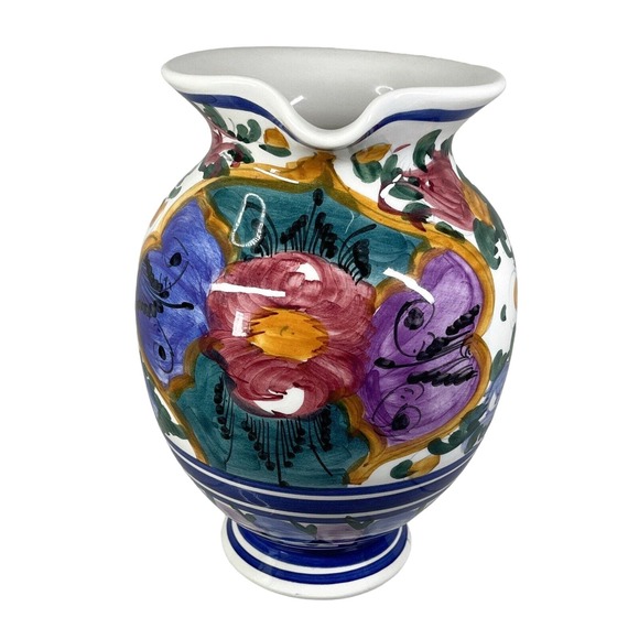 Pottery Pitcher Terra Chroma GR colorful handmade 8" tall blue orange purple - Picture 3 of 6